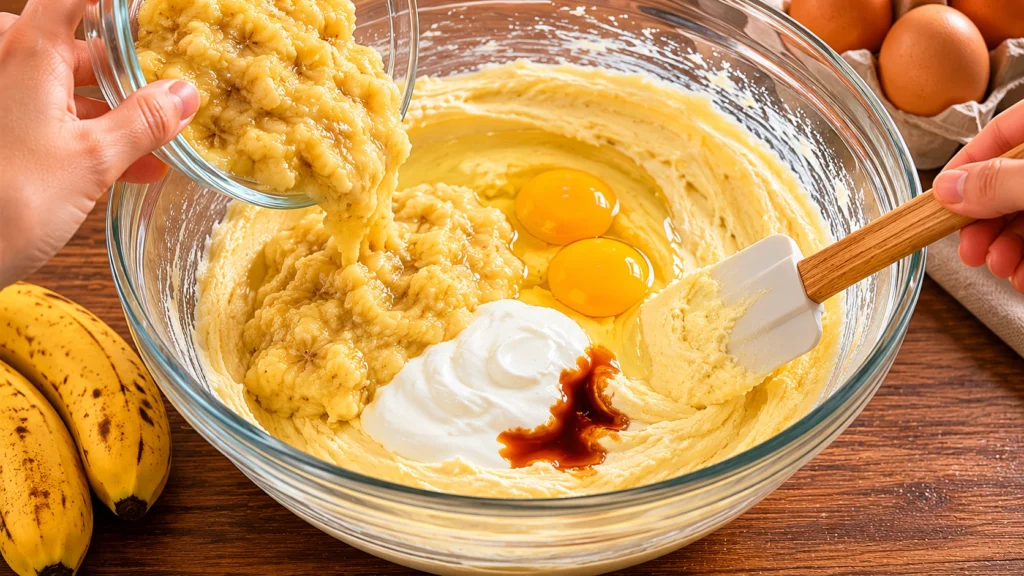 Adding Bananas and Wet Ingredients