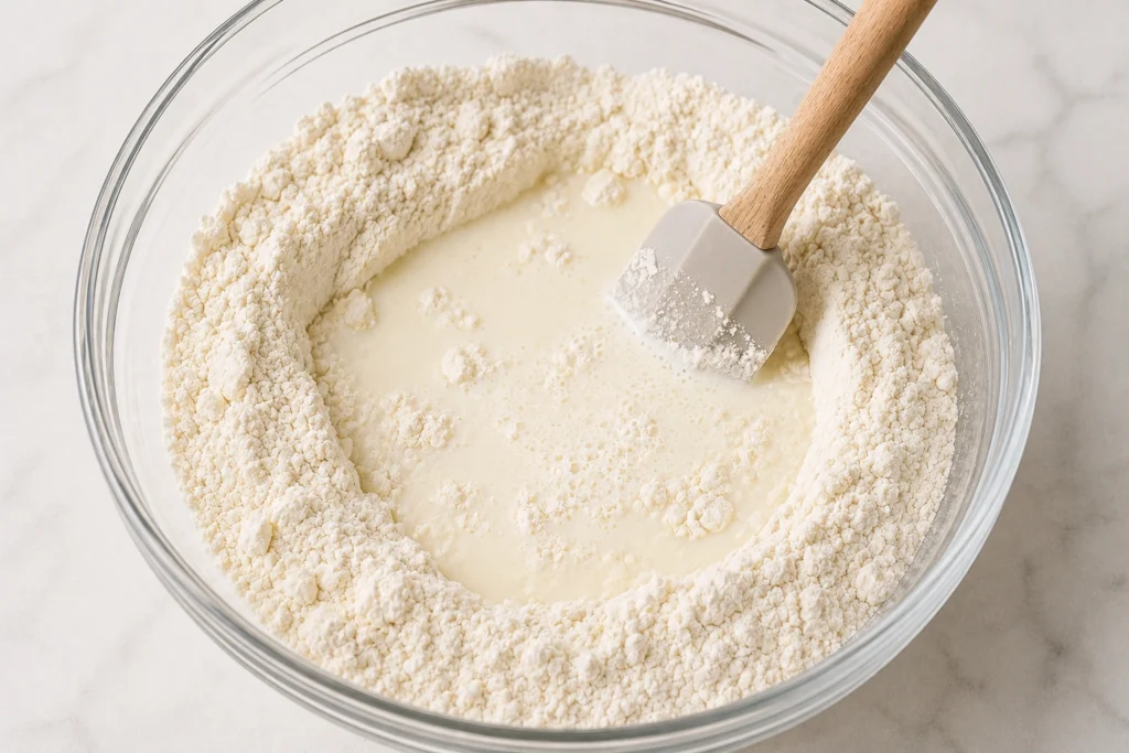 Cold buttermilk being added to flour and butter mixture in a glass mixing bowl