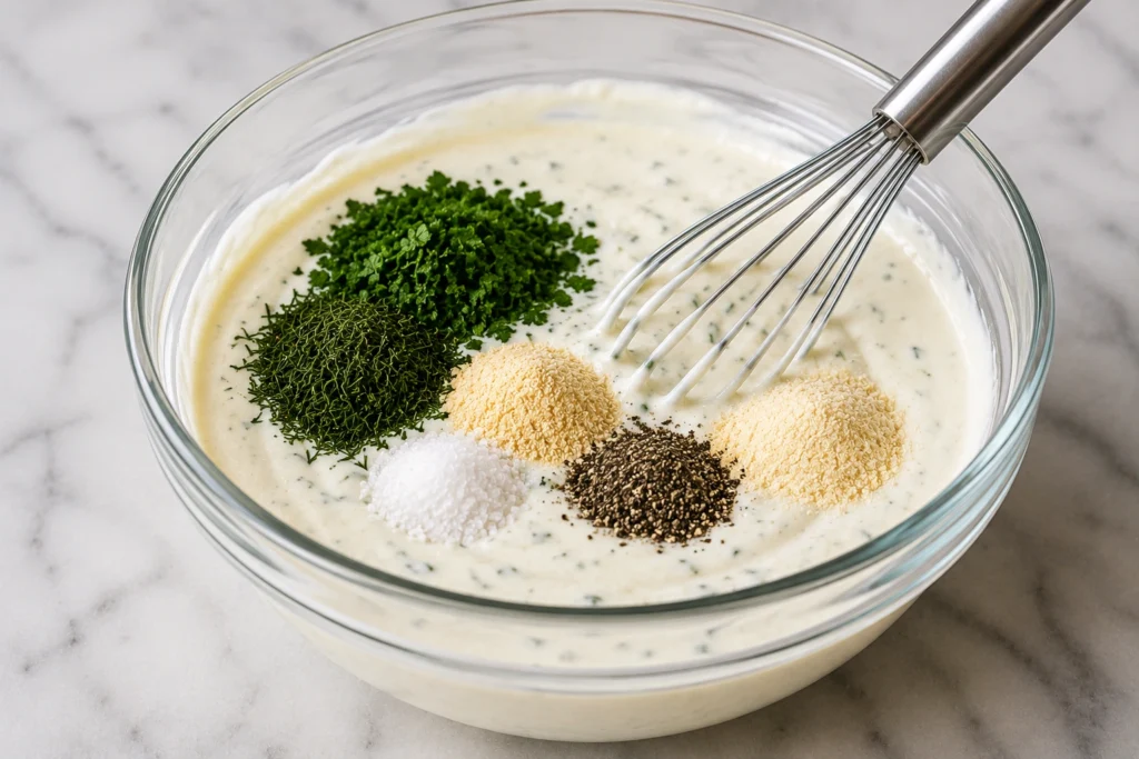 Herbs, garlic powder, onion powder, salt, and pepper added into creamy ranch mixture for Round Table Pizza Ranch Dressing Recipe