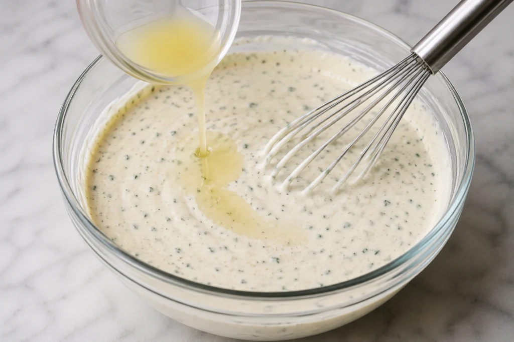 Lemon juice and vinegar being poured into creamy herb ranch mixture while preparing Round Table Pizza Ranch Dressing Recipe