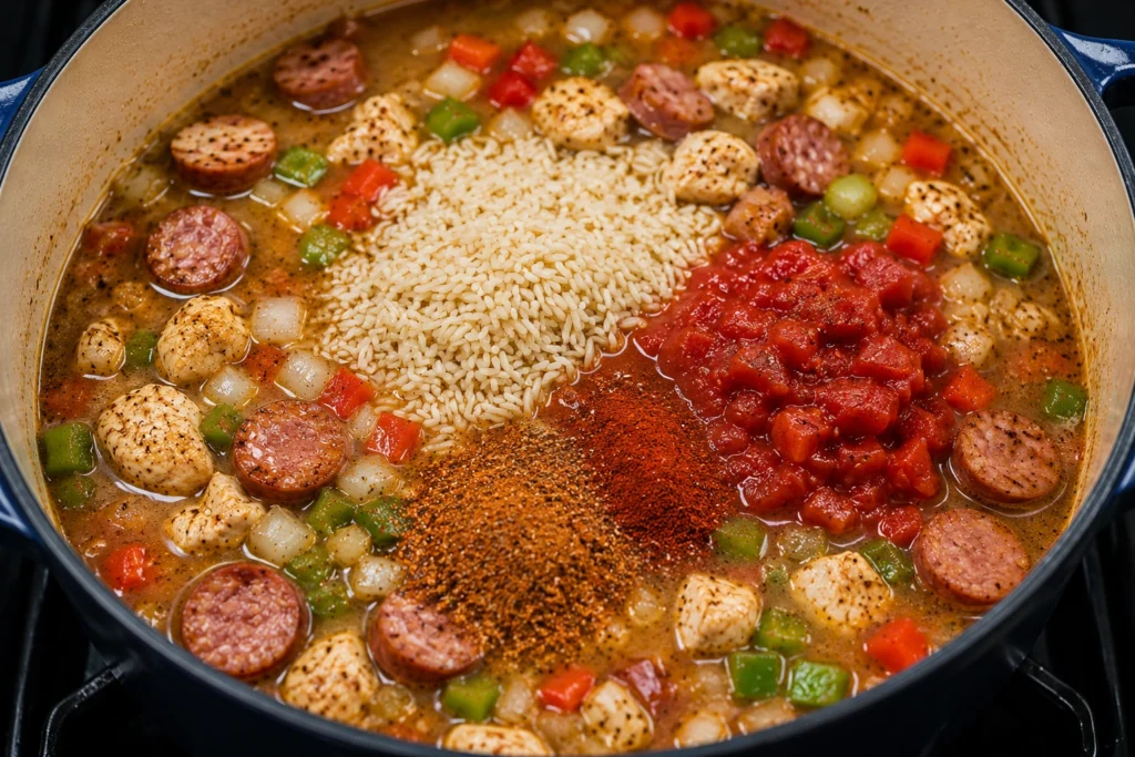 Adding Rice Broth and Seasonings to Jambalaya