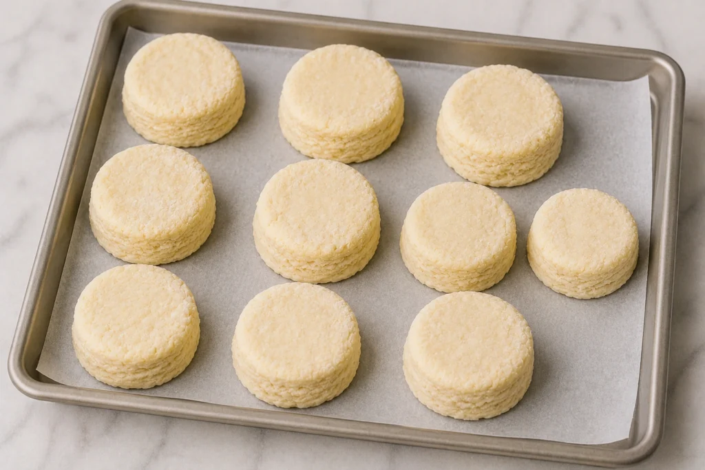 Unbaked biscuit dough rounds placed on a parchment-lined baking tray before baking
