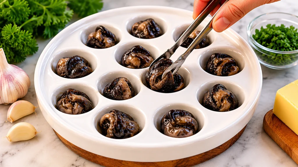 Arranging Escargot in Baking Dish