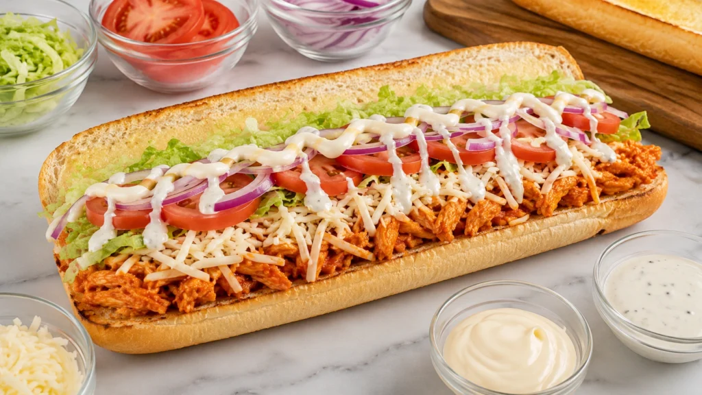 Assembling the Buffalo Chicken Sandwich