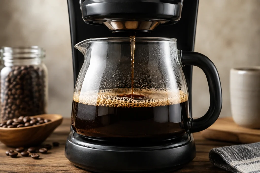 Freshly brewed strong coffee dripping into a glass coffee pot for First Watch Iced Coffee Recipe