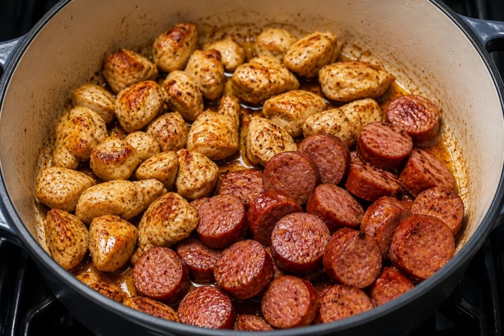 Chicken pieces and sliced sausage browning in a Dutch oven for homemade Yard House Jambalaya Recipe.
