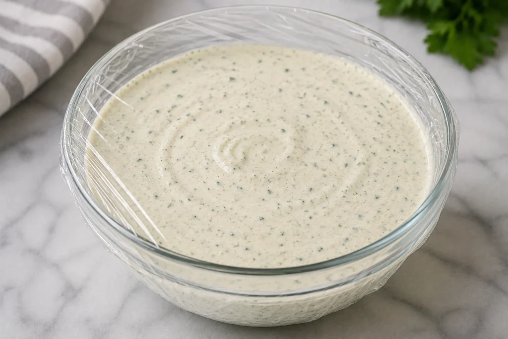 Freshly made Round Table Pizza Ranch Dressing covered and chilled in a glass bowl before serving