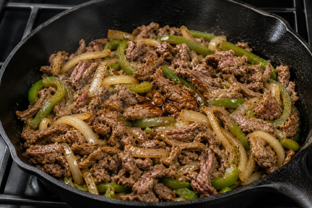 Thinly sliced seasoned beef cooking with sautéed onions and green peppers in a hot skillet