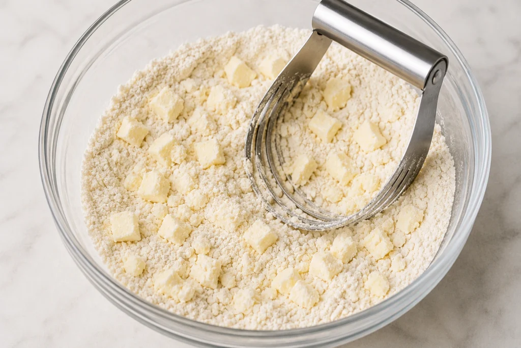 Cold butter cubes being cut into flour mixture with a pastry cutter in a glass bowl