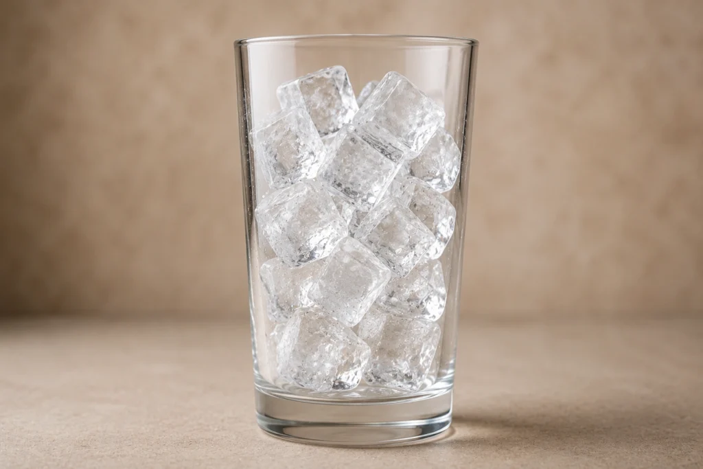 Tall serving glass filled with clear ice cubes ready for homemade iced coffee