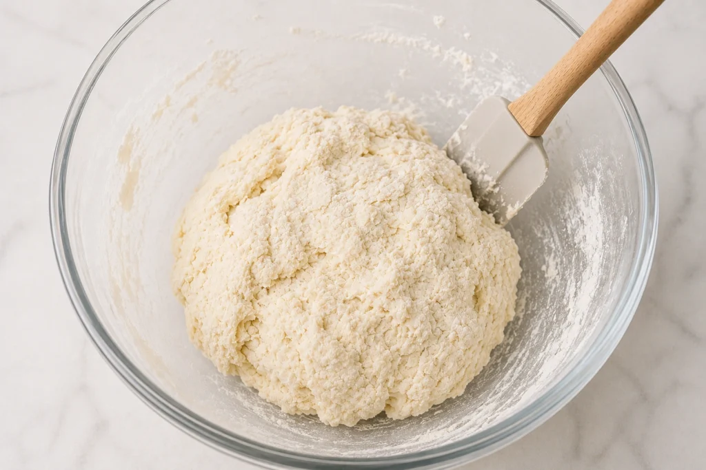 Soft homemade biscuit dough being gently folded in a glass bowl on a floured surface