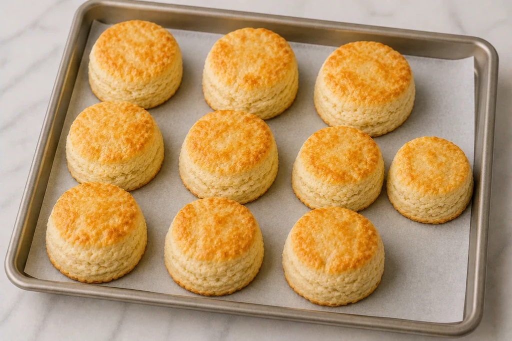 Golden brown flaky homemade biscuits fresh from the oven on a baking tray