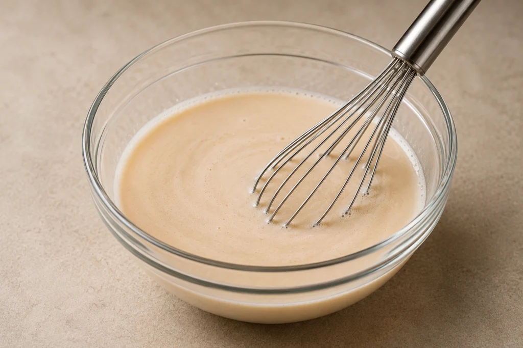 Milk and cream whisked together in a glass bowl for creamy iced coffee mixture