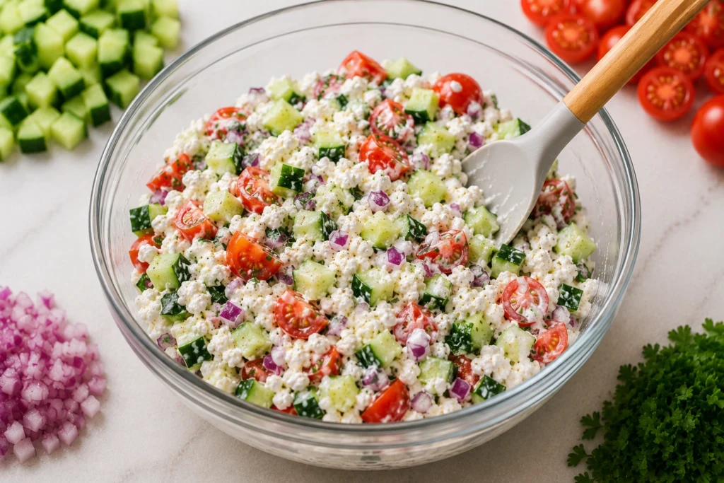 Mixing Cottage Cheese and Vegetables Together