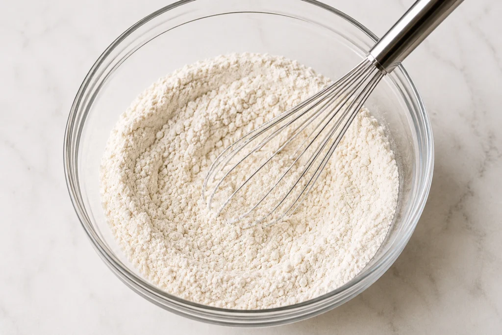 Glass mixing bowl filled with flour, baking powder, and dry ingredients being whisked together
