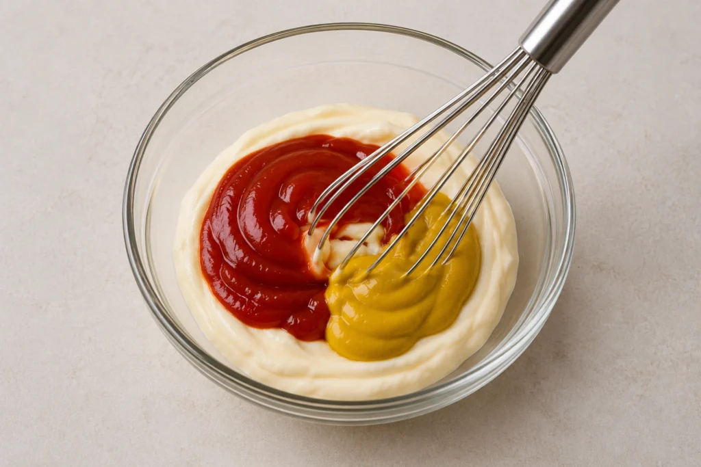 Glass bowl with mayonnaise, ketchup, and mustard being combined for homemade Braum's sauce