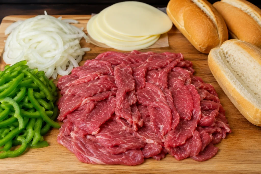 Thinly sliced beef, onions, bell peppers, provolone cheese, and hoagie rolls arranged on a wooden board for Penn Station Philly cheesesteak preparation