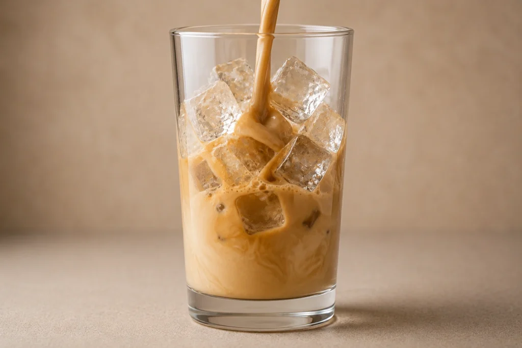 Creamy coffee mixture being poured over ice cubes in a glass
