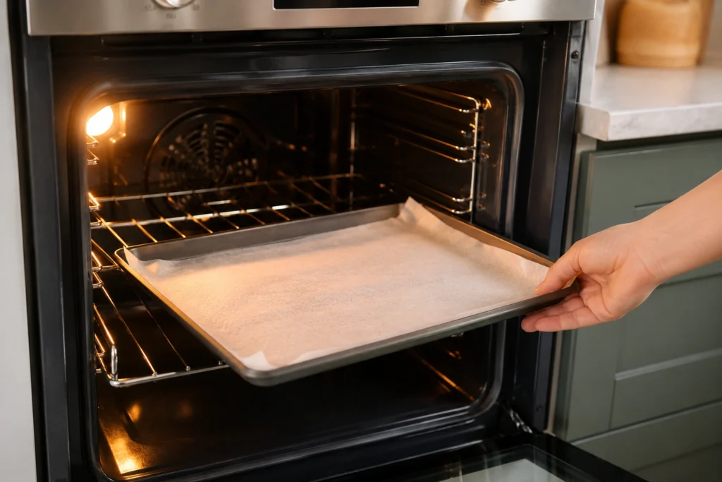 Baking tray being placed inside a preheated oven for homemade biscuit preparation