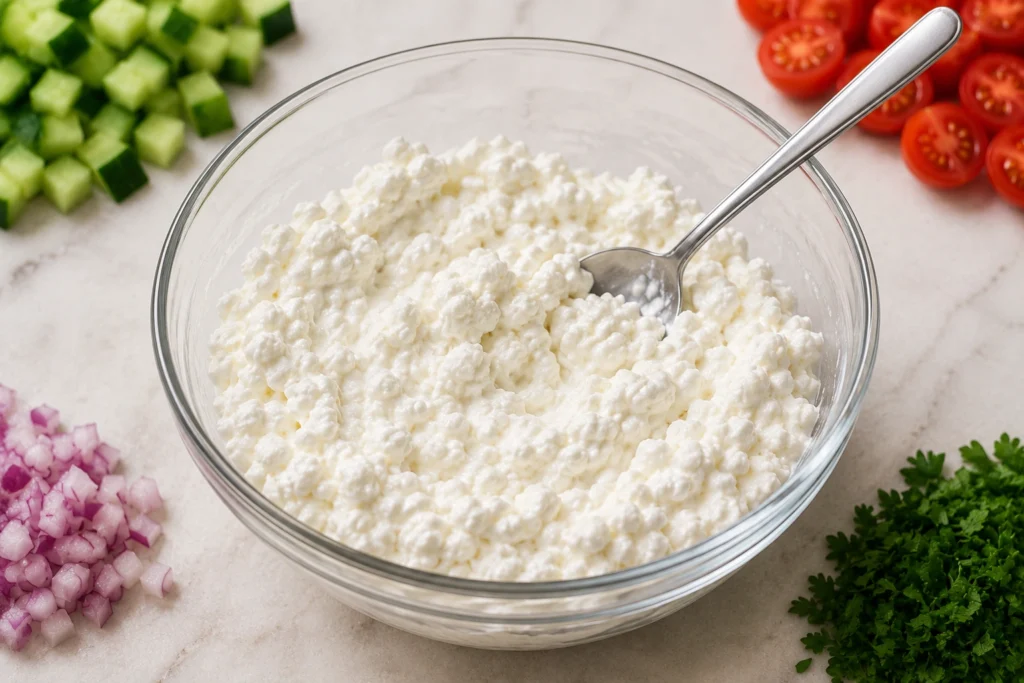 Preparing Cottage Cheese in a Mixing Bowl