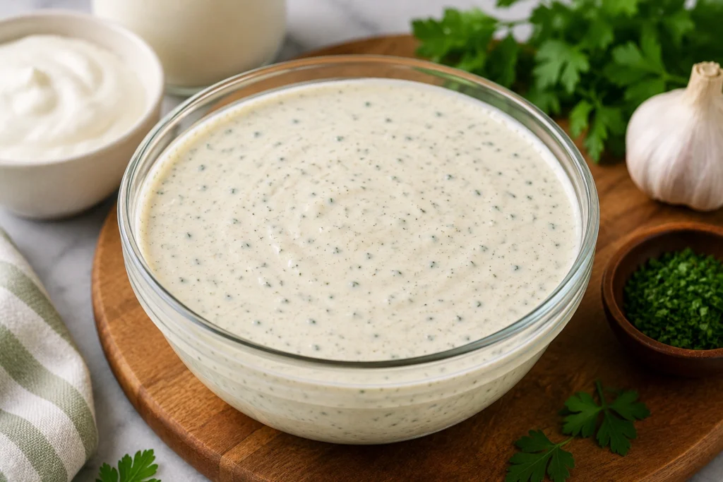 Creamy homemade Round Table Pizza Ranch Dressing Recipe in a glass bowl with fresh herbs and garlic on a wooden board