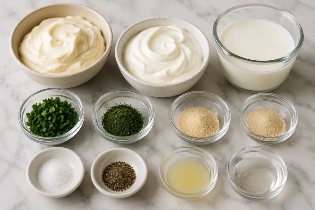 Measured ingredients for Round Table Pizza Ranch Dressing Recipe including mayonnaise, sour cream, buttermilk, herbs, and seasonings arranged on a marble countertop