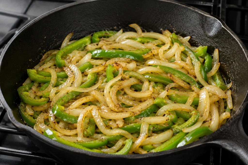 Sliced onions and green bell peppers cooking in a cast iron skillet until soft and lightly caramelized