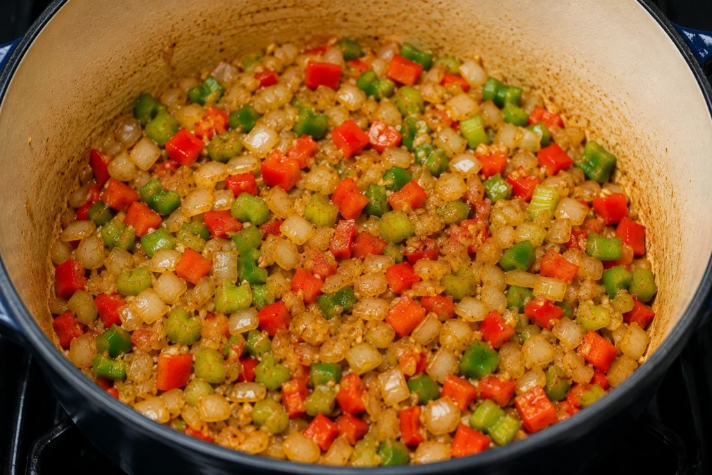 Onion, celery, bell peppers, and garlic sautéing in a large pot for Yard House Jambalaya Recipe.