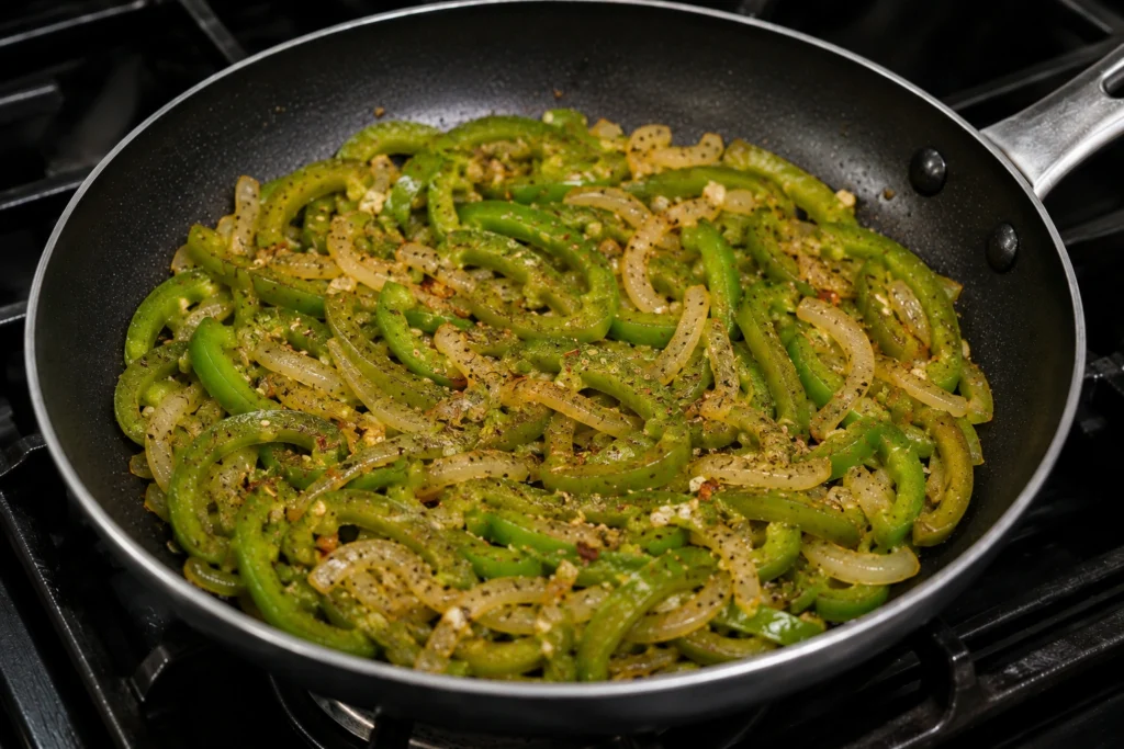 Seasoned Sweet Green Peppers in Skillet