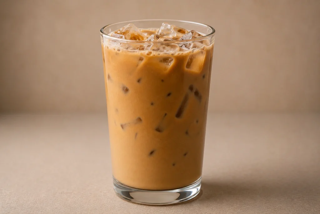 Finished glass of homemade First Watch iced coffee with ice ready to serve