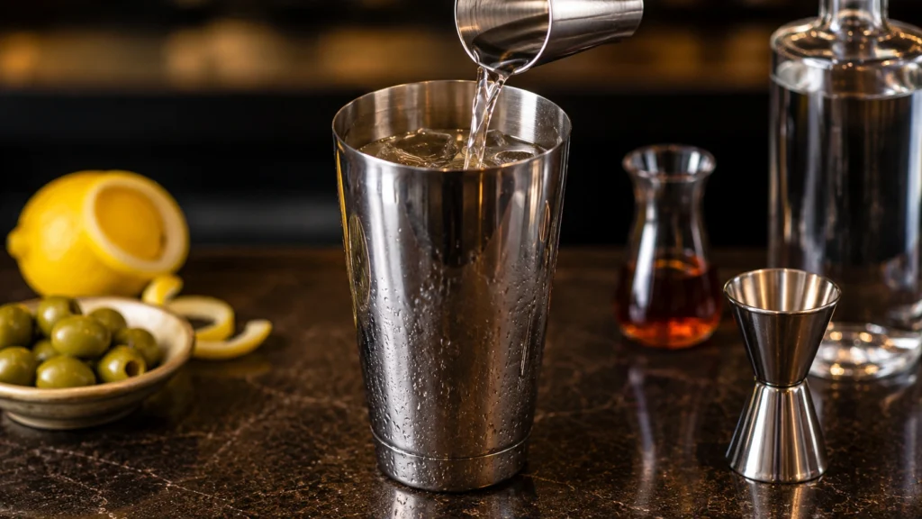 Adding Vodka, Vermouth, and Ice to the Shaker