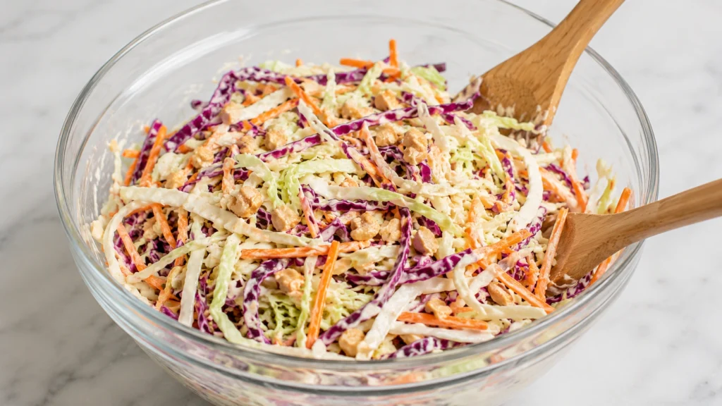 Combining Vegetables, Peanuts, and Dressing