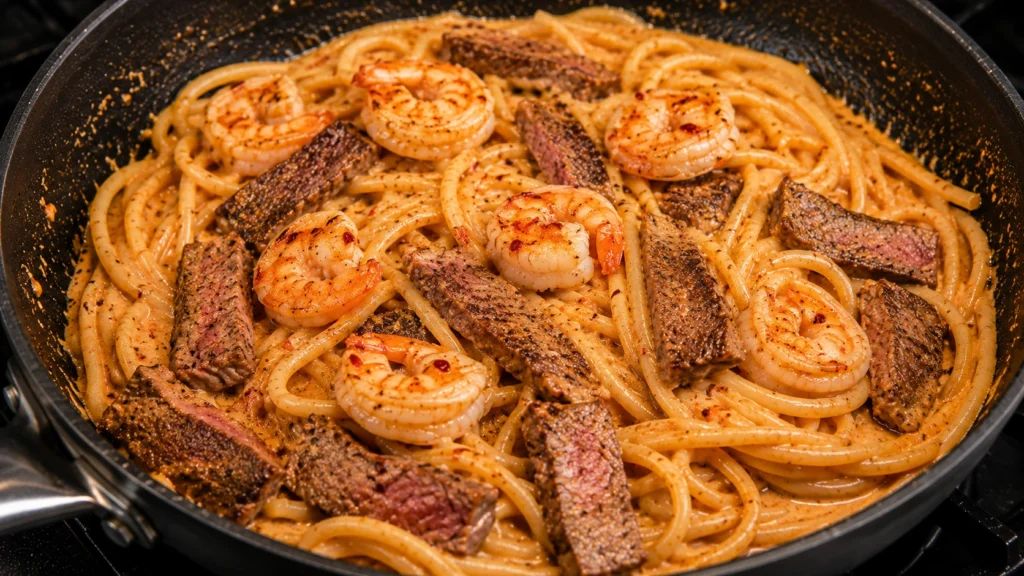 Combining the Pasta, Steak, and Shrimp
