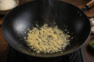 Uncle Roger Fried Rice Recipe Step 4: Fry the Garlic