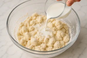 Cold buttermilk being poured into crumbly flour mixture to form biscuit dough