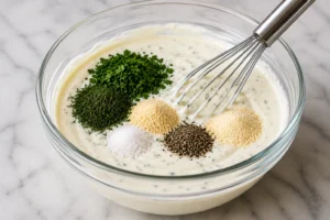 Herbs, garlic powder, onion powder, salt, and pepper added into creamy ranch mixture for Round Table Pizza Ranch Dressing Recipe