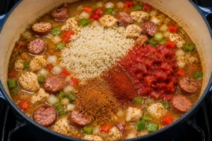 Adding Rice Broth and Seasonings to Jambalaya