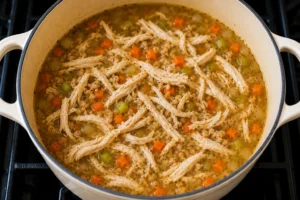 Tender shredded chicken added into simmering homemade Mendocino Farms lemon chicken soup with vegetables and broth