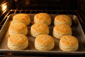 Fresh biscuits baking in the oven with golden tops and fluffy rising layers