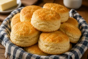Freshly baked Black Bear Diner style biscuits in a basket with golden tops and fluffy buttery layers