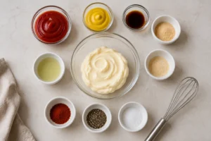 Ingredients arranged for Braum's sauce recipe including mayonnaise, ketchup, mustard, spices, and pickle juice in small bowls