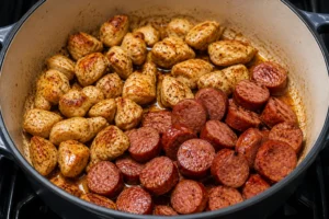 Chicken pieces and sliced sausage browning in a Dutch oven for homemade Yard House Jambalaya Recipe.