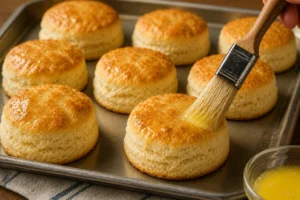 Freshly baked biscuits being brushed with melted butter for a glossy buttery finish