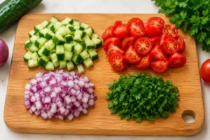 Chopping Fresh Vegetables for Cottage Cheese Recipe