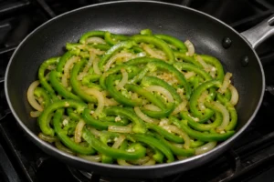 Cooking Green Peppers with Garlic and Onions