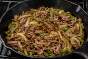 Thinly sliced seasoned beef cooking with sautéed onions and green peppers in a hot skillet