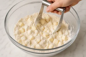 Cold butter being cut into flour mixture using a pastry cutter for flaky biscuits