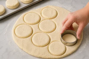 Round biscuit cutter pressing into rolled dough while shaped biscuits rest nearby