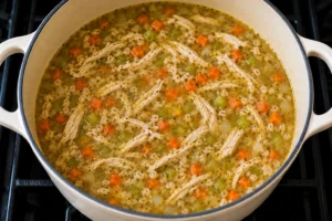 Homemade lemon chicken soup with chicken, vegetables, grains, and creamy broth cooking in a large pot