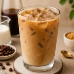 Café-style First Watch iced coffee recipe served with ice, milk, coffee beans, and sweet ingredients